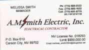 AM Smith Electric Inc., 3370 Executive Pointe Way Ste 43, Carson City NV 89706, 
775 - 885 - 0333